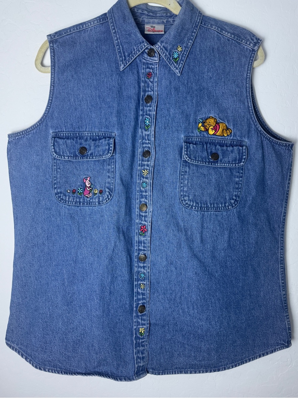 Vintage Disney Winnie the Pooh Piglet Embroidered Denim Sleeveless Blouse